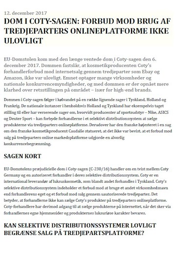 Judgment in the Coty Case: Prohibition against use of Third Party's Online Plat-form was not Unlawful