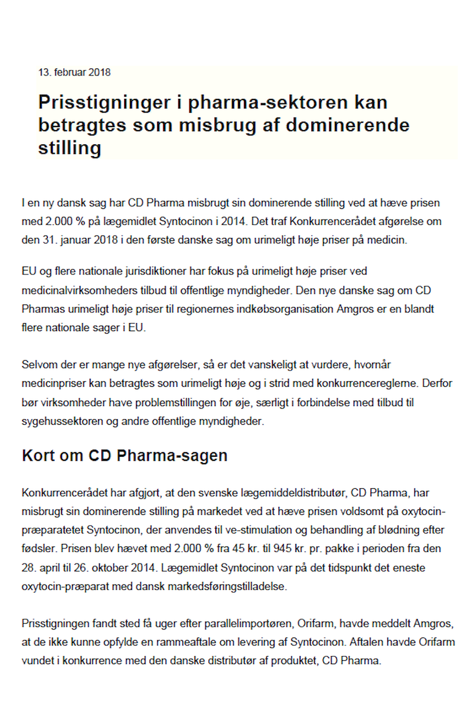 Price Increases in the Pharma Sector may be considered Abuse of a Dominant Position