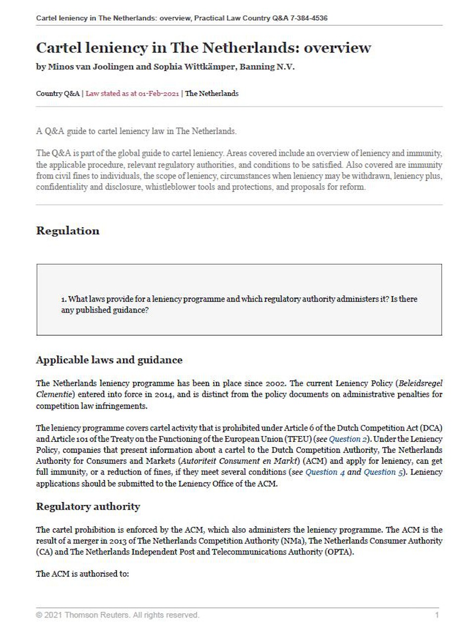 Cartels Leniency in The Netherlands: overview 2020