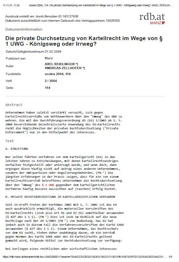 The private enforcement of antitrust law by way of Section 1 UWG - royal road or aberration?