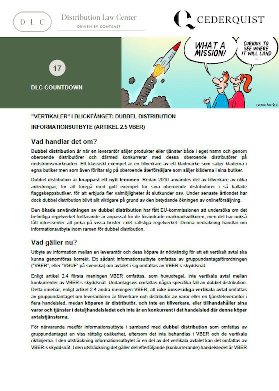 Distribution Law Center Countdown XVII - Dual distribution (Information exchange (Article 2(5) VBER))