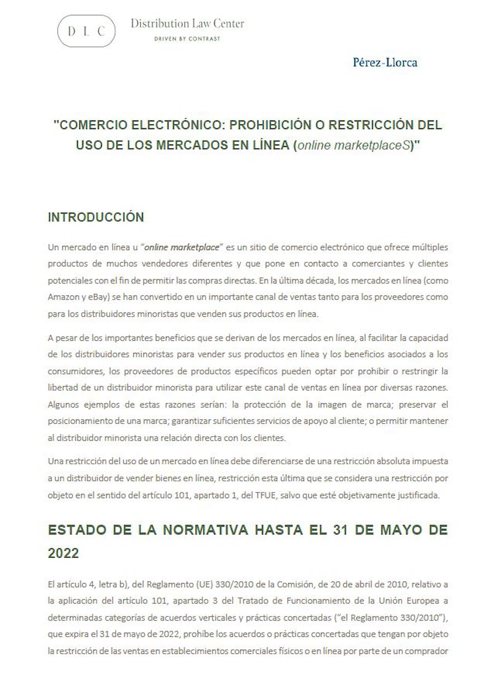 Distribution Law Center Countdown XXII - E-commerce (Restricting the use of online marketplaces / Online marketplace bans)